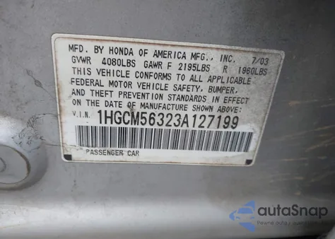 2003 Honda Accord 2.4 Lx from USA, damaged, VIN 1HGCM56323A127199
